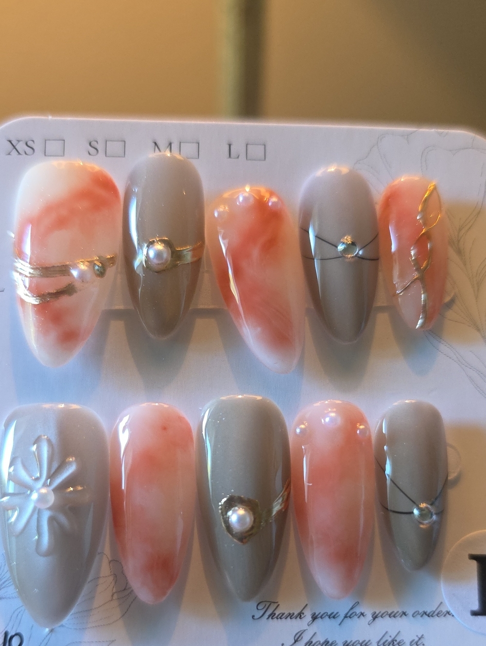 Neutral Gray & Coral Marble Press-On Nails with Pearl Accents Size Large